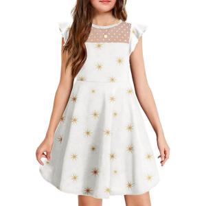 Arshiner Girls Dress Summer Ruffle Sleeve Mesh A Line Casual Party Dresses with Pockets(White Galaxy)