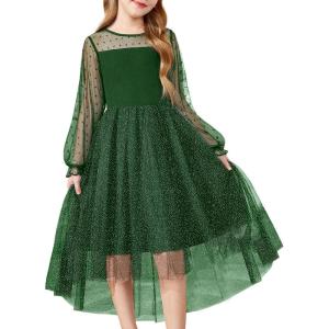 Arshiner Girls Dresses Contrast Mesh Long Sleeve Twirly High Low Birthday Party Formal Dress(Green)