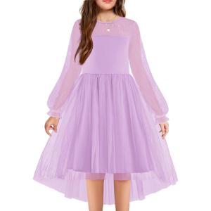 Arshiner Girls Dresses Contrast Mesh Long Sleeve Twirly High Low Birthday Party Formal Dress(Lavender)