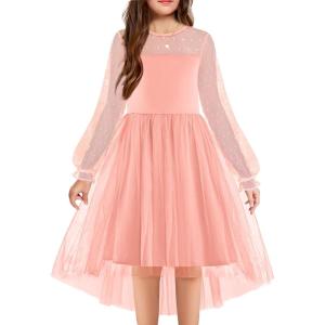Arshiner Girls Dresses Contrast Mesh Long Sleeve Twirly High Low Birthday Party Formal Dress(Light Pink)