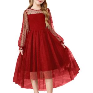 Arshiner Girls Dresses Contrast Mesh Long Sleeve Twirly High Low Birthday Party Formal Dress(Red)