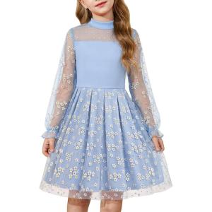 Arshiner Girls Dresses Contrast Mesh Puff Long Sleeve Mock Neck Formal Party A Line Short Tulle Dress(Blue Floral)