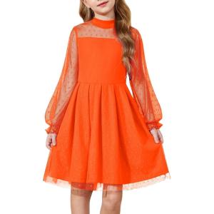 Arshiner Girls Dresses Contrast Mesh Puff Long Sleeve Mock Neck Formal Party A Line Short Tulle Dress(Bright Orange)