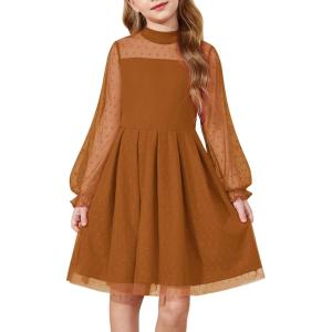Arshiner Girls Dresses Contrast Mesh Puff Long Sleeve Mock Neck Formal Party A Line Short Tulle Dress(Brown)
