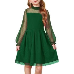 Arshiner Girls Dresses Contrast Mesh Puff Long Sleeve Mock Neck Formal Party A Line Short Tulle Dress(Dark Green)