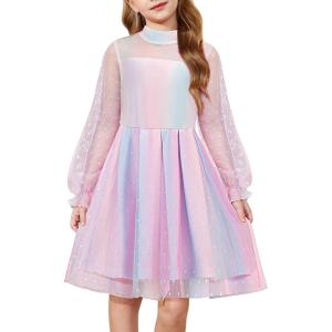 Arshiner Girls Dresses Contrast Mesh Puff Long Sleeve Mock Neck Formal Party A Line Short Tulle Dress(Gradient-pink)