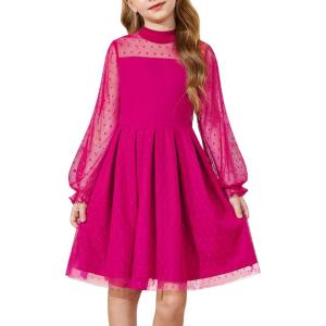 Arshiner Girls Dresses Contrast Mesh Puff Long Sleeve Mock Neck Formal Party A Line Short Tulle Dress(Hot Pink)