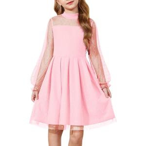 Arshiner Girls Dresses Contrast Mesh Puff Long Sleeve Mock Neck Formal Party A Line Short Tulle Dress(Light Pink)