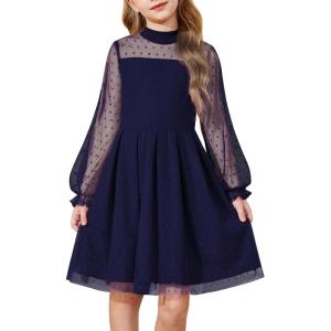 Arshiner Girls Dresses Contrast Mesh Puff Long Sleeve Mock Neck Formal Party A Line Short Tulle Dress(Navy Blue)