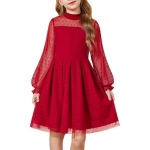 Arshiner Girls Dresses Contrast Mesh Puff Long Sleeve Mock Neck Formal Party A Line Short Tulle Dress(Red)
