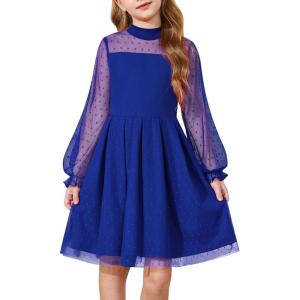 Arshiner Girls Dresses Contrast Mesh Puff Long Sleeve Mock Neck Formal Party A Line Short Tulle Dress(Royal Blue)