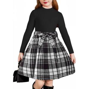 Arshiner Girls Dresses Long Sleeve Rib Knit Plaid Patchwork Belted Dress with Pockets(Black / White Plaid)