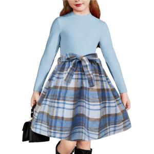 Arshiner Girls Dresses Long Sleeve Rib Knit Plaid Patchwork Belted Dress with Pockets(Blue Plaid)
