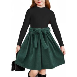 Arshiner Girls Dresses Long Sleeve Rib Knit Plaid Patchwork Belted Dress with Pockets(Green / Green Corduroy)