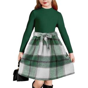 Arshiner Girls Dresses Long Sleeve Rib Knit Plaid Patchwork Belted Dress with Pockets(Green Plaid)