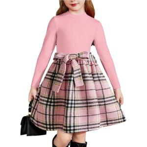 Arshiner Girls Dresses Long Sleeve Rib Knit Plaid Patchwork Belted Dress with Pockets(Pink / Pink Plaid)