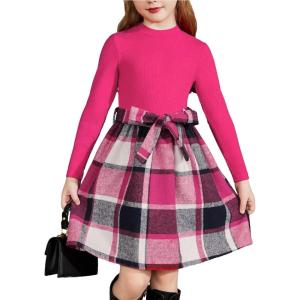 Arshiner Girls Dresses Long Sleeve Rib Knit Plaid Patchwork Belted Dress with Pockets(Rose Red Plaid)