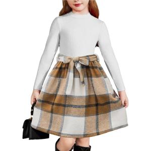 Arshiner Girls Dresses Long Sleeve Rib Knit Plaid Patchwork Belted Dress with Pockets(White / Brown Plaid)