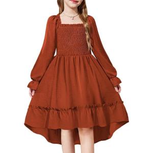 Arshiner Girls Dresses Puff Long Sleeve Fall Winter Smocked High Low Swing Midi Dress with Pockets(Caramel)