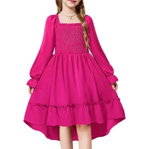 Arshiner Girls Dresses Puff Long Sleeve Fall Winter Smocked High Low Swing Midi Dress with Pockets(Hot Pink)