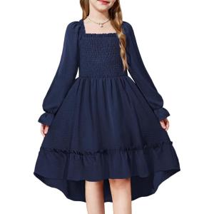 Arshiner Girls Dresses Puff Long Sleeve Fall Winter Smocked High Low Swing Midi Dress with Pockets(Navy Blue)