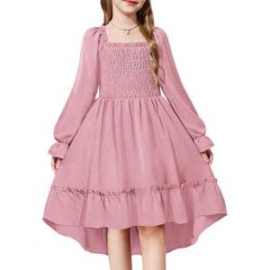 Arshiner Girls Dresses Puff Long Sleeve Fall Winter Smocked High Low Swing Midi Dress with Pockets(Pink)