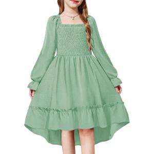 Arshiner Girls Dresses Puff Long Sleeve Fall Winter Smocked High Low Swing Midi Dress with Pockets(Sage Green)