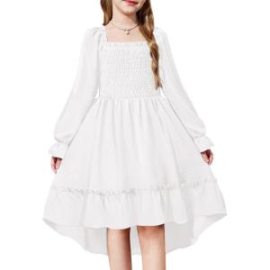 Arshiner Girls Dresses Puff Long Sleeve Fall Winter Smocked High Low Swing Midi Dress with Pockets(White)