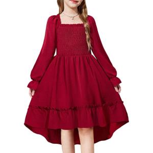 Arshiner Girls Dresses Puff Long Sleeve Fall Winter Smocked High Low Swing Midi Dress with Pockets(Wine Red)