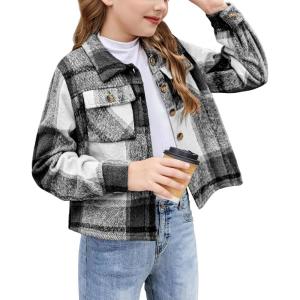 Arshiner Girls Flannel Fall Winter Cropped Shacket Plaid Jacket Casual Long Sleeve Button Down Fashion Coat(Black)