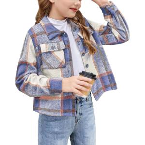 Arshiner Girls Flannel Fall Winter Cropped Shacket Plaid Jacket Casual Long Sleeve Button Down Fashion Coat(Blue)