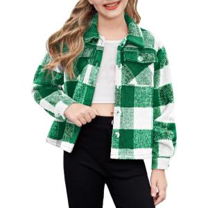 Arshiner Girls Flannel Fall Winter Cropped Shacket Plaid Jacket Casual Long Sleeve Button Down Fashion Coat(Green)
