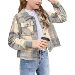 Arshiner Girls Flannel Fall Winter Cropped Shacket Plaid Jacket Casual Long Sleeve Button Down Fashion Coat(Grey)