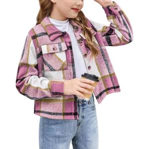 Arshiner Girls Flannel Fall Winter Cropped Shacket Plaid Jacket Casual Long Sleeve Button Down Fashion Coat(Pink)