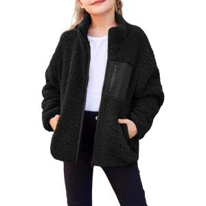 Arshiner Girls Fleece Jacket Sherpa Fall Winter Full Zip Fuzzy Coat Outwear with Pockets(Black)
