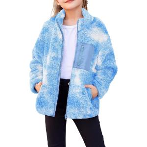Arshiner Girls Fleece Jacket Sherpa Fall Winter Full Zip Fuzzy Coat Outwear with Pockets(Blue Tie Dye)