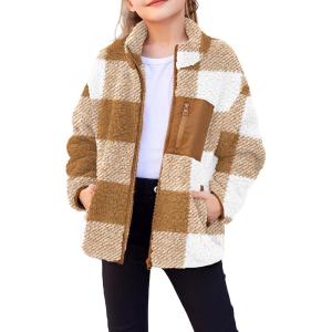 Arshiner Girls Fleece Jacket Sherpa Fall Winter Full Zip Fuzzy Coat Outwear with Pockets(Brown Plaid)
