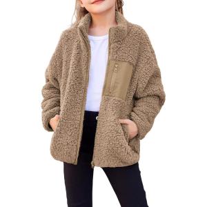Arshiner Girls Fleece Jacket Sherpa Fall Winter Full Zip Fuzzy Coat Outwear with Pockets(Khaki)