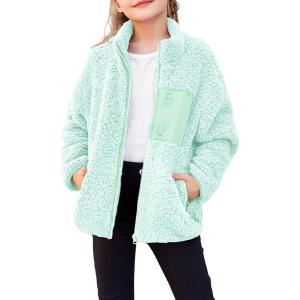 Arshiner Girls Fleece Jacket Sherpa Fall Winter Full Zip Fuzzy Coat Outwear with Pockets(Light Blue)