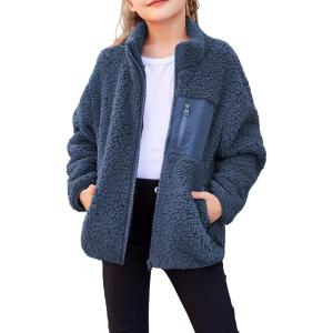 Arshiner Girls Fleece Jacket Sherpa Fall Winter Full Zip Fuzzy Coat Outwear with Pockets(Navy)