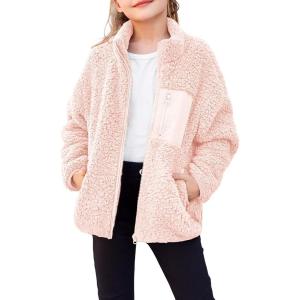 Arshiner Girls Fleece Jacket Sherpa Fall Winter Full Zip Fuzzy Coat Outwear with Pockets(Pink)