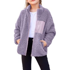 Arshiner Girls Fleece Jacket Sherpa Fall Winter Full Zip Fuzzy Coat Outwear with Pockets(Purple)