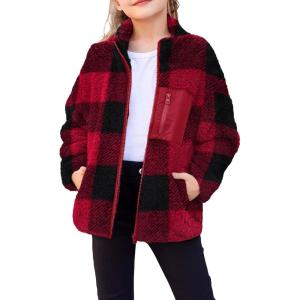 Arshiner Girls Fleece Jacket Sherpa Fall Winter Full Zip Fuzzy Coat Outwear with Pockets(Red Plaid)