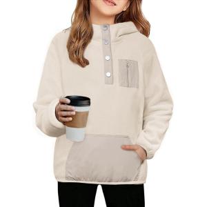 Arshiner Girls Fleece Pullover Hooded Sweatshirt Colorblock Sherpa Hoodie for Teen Girl Winter Button Jacket Coat with Pocket(Beige Grey)