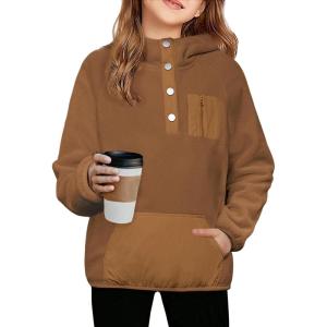 Arshiner Girls Fleece Pullover Hooded Sweatshirt Colorblock Sherpa Hoodie for Teen Girl Winter Button Jacket Coat with Pocket(Brown)