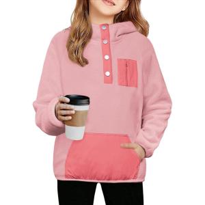 Arshiner Girls Fleece Pullover Hooded Sweatshirt Colorblock Sherpa Hoodie for Teen Girl Winter Button Jacket Coat with Pocket(Light Pink)