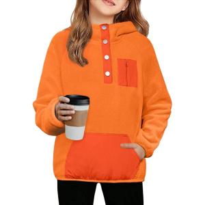 Arshiner Girls Fleece Pullover Hooded Sweatshirt Colorblock Sherpa Hoodie for Teen Girl Winter Button Jacket Coat with Pocket(Orange)