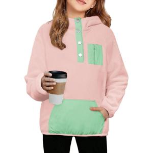 Arshiner Girls Fleece Pullover Hooded Sweatshirt Colorblock Sherpa Hoodie for Teen Girl Winter Button Jacket Coat with Pocket(Pink)