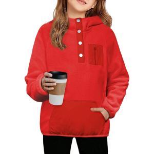 Arshiner Girls Fleece Pullover Hooded Sweatshirt Colorblock Sherpa Hoodie for Teen Girl Winter Button Jacket Coat with Pocket(Red)