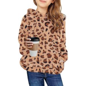 Arshiner Girls Fuzzy Fleece Hoodies Casual Sweatshirt Sherpa Pullover with Kangaroo Pockets(Leopard Coffee)